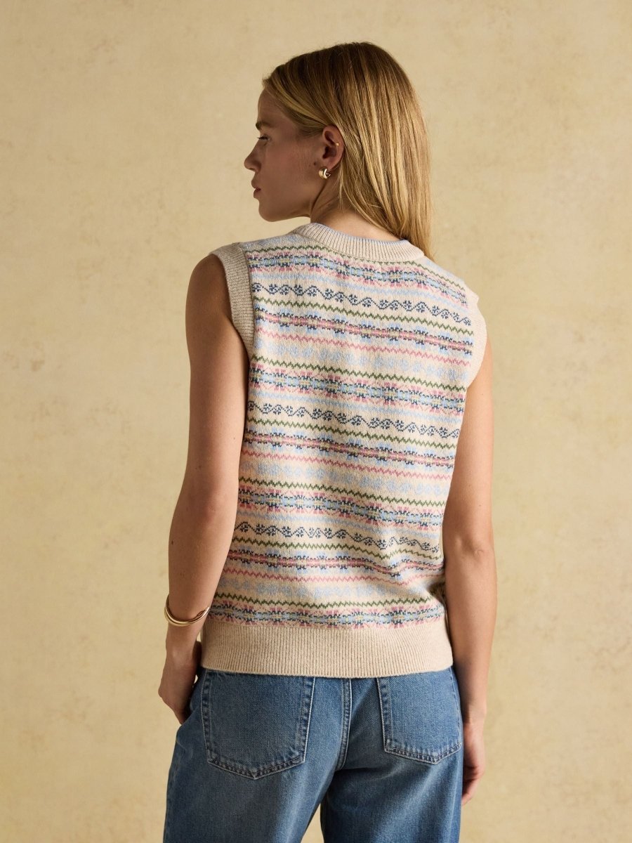 Islay Cream V Neck Fairisle Cotton Rich Vest - RUTHERFORD & Co