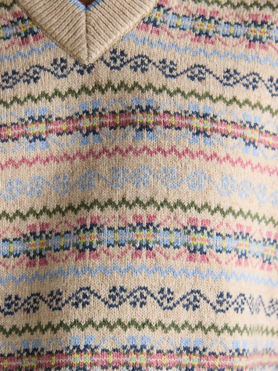 Islay Cream V Neck Fairisle Cotton Rich Vest - RUTHERFORD & Co