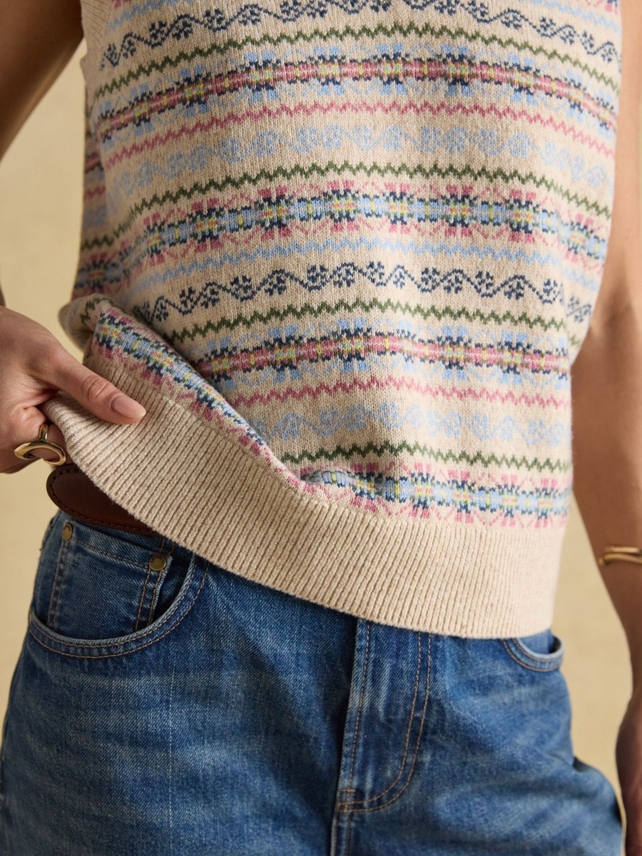 Islay Cream V Neck Fairisle Cotton Rich Vest - RUTHERFORD & Co