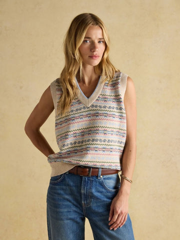 Islay Cream V Neck Fairisle Cotton Rich Vest - RUTHERFORD & Co