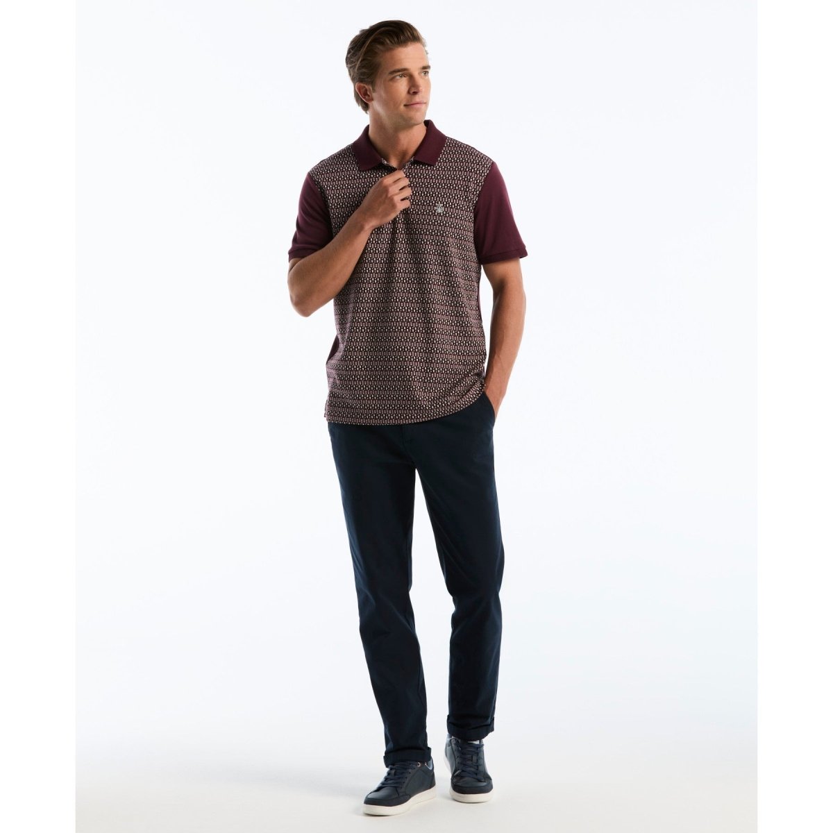 Jacquard Front Fairisle Polo In Port Royale - RUTHERFORD & Co