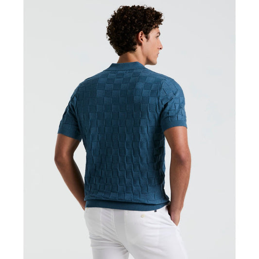 Jacquard Johnny Collar Sweater Polo Shirt In Copen Blue - RUTHERFORD & Co