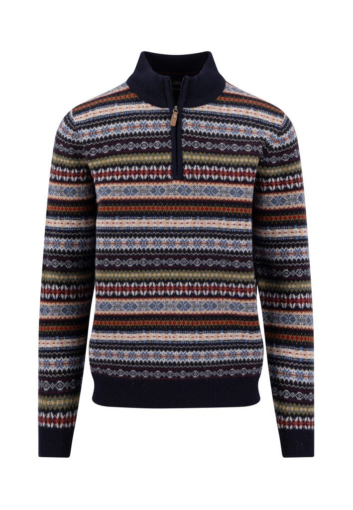 Jacquard Lambswool Half-Zip Jumper - Navy - RUTHERFORD & Co