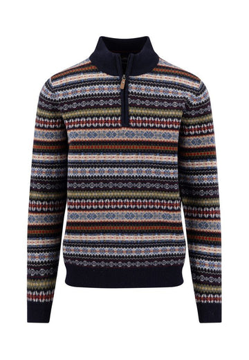 Jacquard Lambswool Half-Zip Jumper - Navy - RUTHERFORD & Co