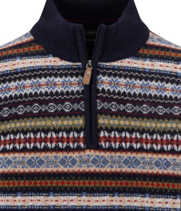 Jacquard Lambswool Half-Zip Jumper - Navy - RUTHERFORD & Co