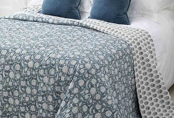 Jaipur handblock printed bedspread smoke blue - RUTHERFORD & Co