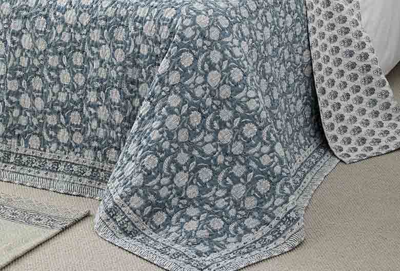 Jaipur handblock printed bedspread smoke blue - RUTHERFORD & Co