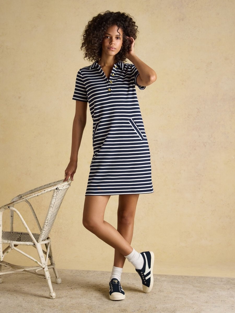 Jane Navy Striped Button Collared Knee Length Dress - RUTHERFORD & Co