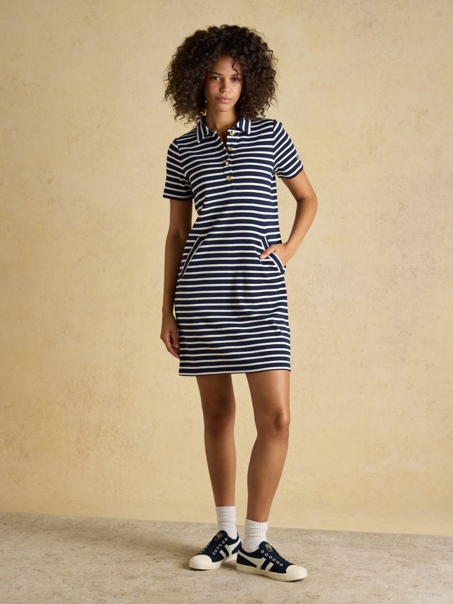 Jane Navy Striped Button Collared Knee Length Dress - RUTHERFORD & Co