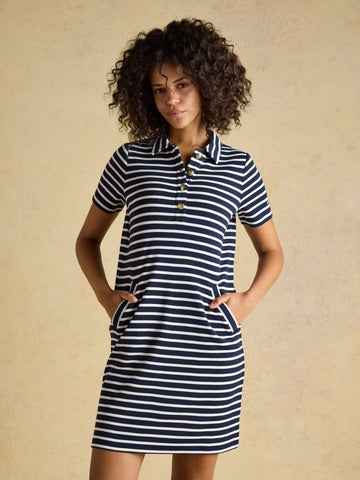 Jane Navy Striped Button Collared Knee Length Dress - RUTHERFORD & Co