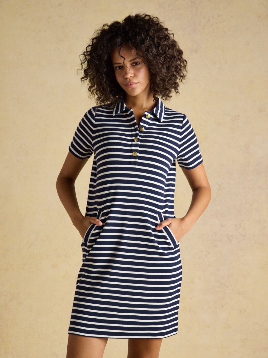 Jane Navy Striped Button Collared Knee Length Dress - RUTHERFORD & Co