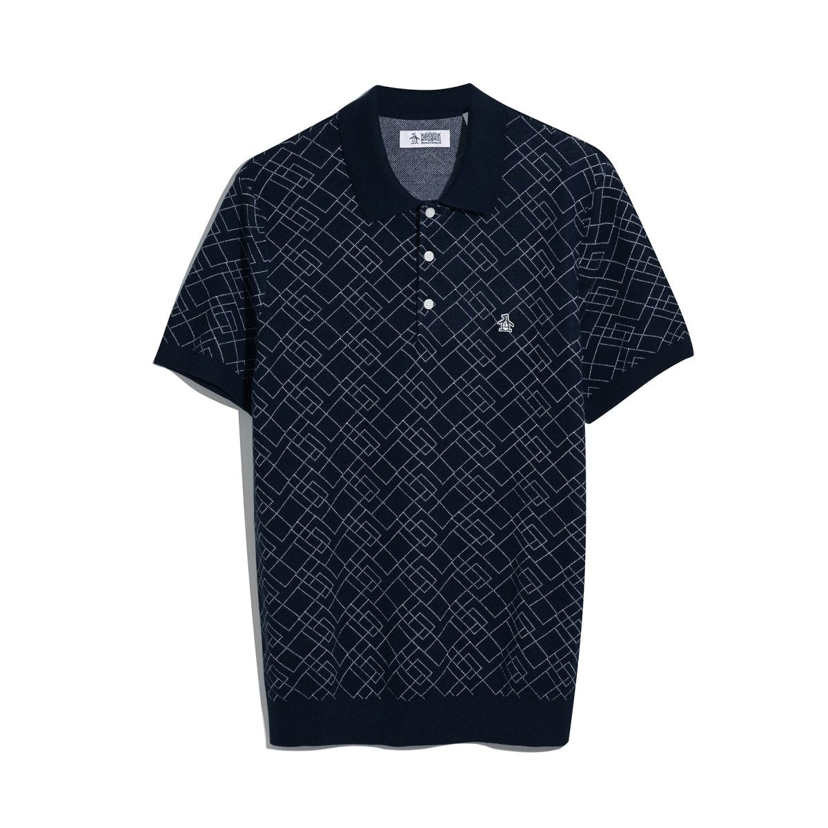 Jaquard Geometric Sweater Polo Shirt In Dark Sapphire - RUTHERFORD & Co