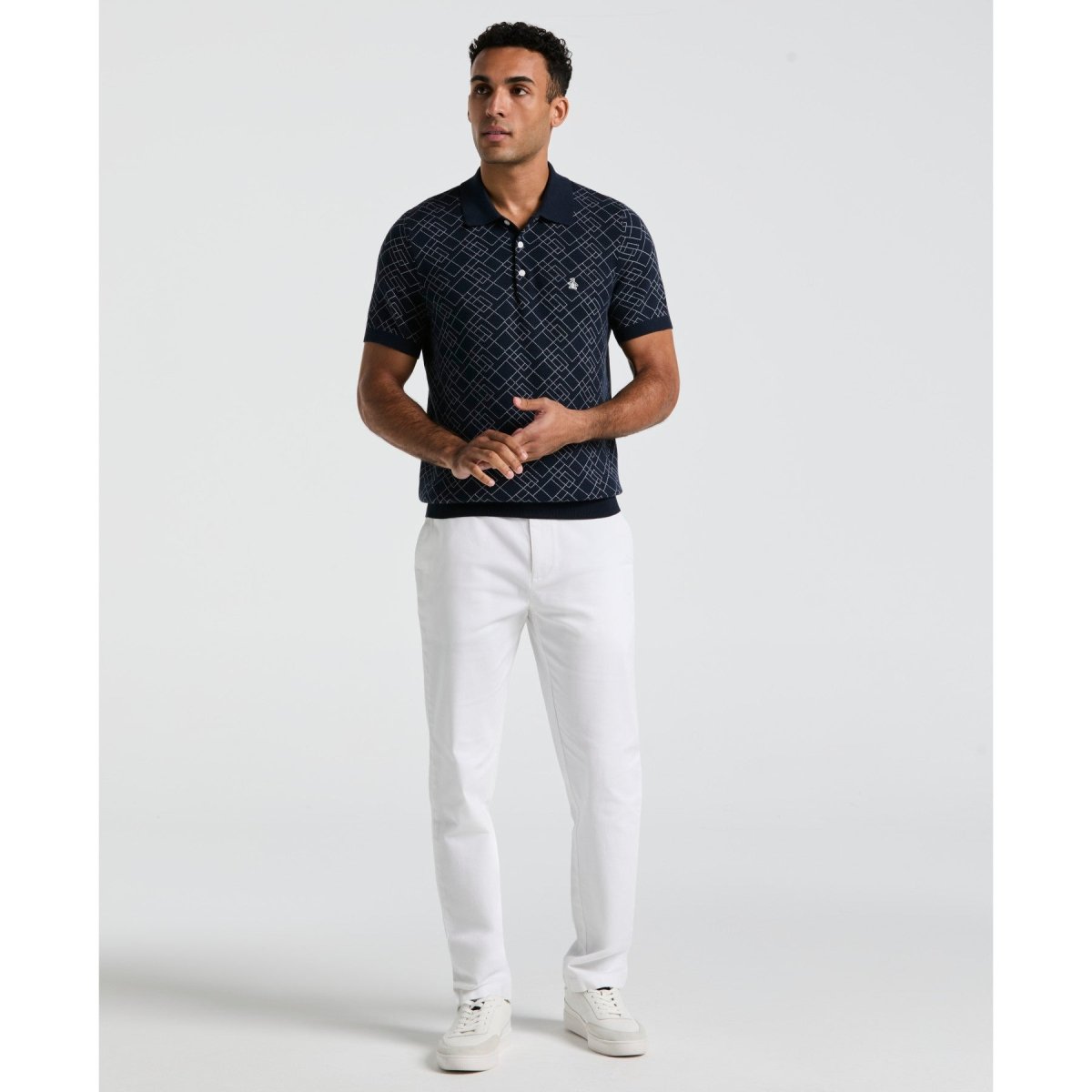 Jaquard Geometric Sweater Polo Shirt In Dark Sapphire - RUTHERFORD & Co
