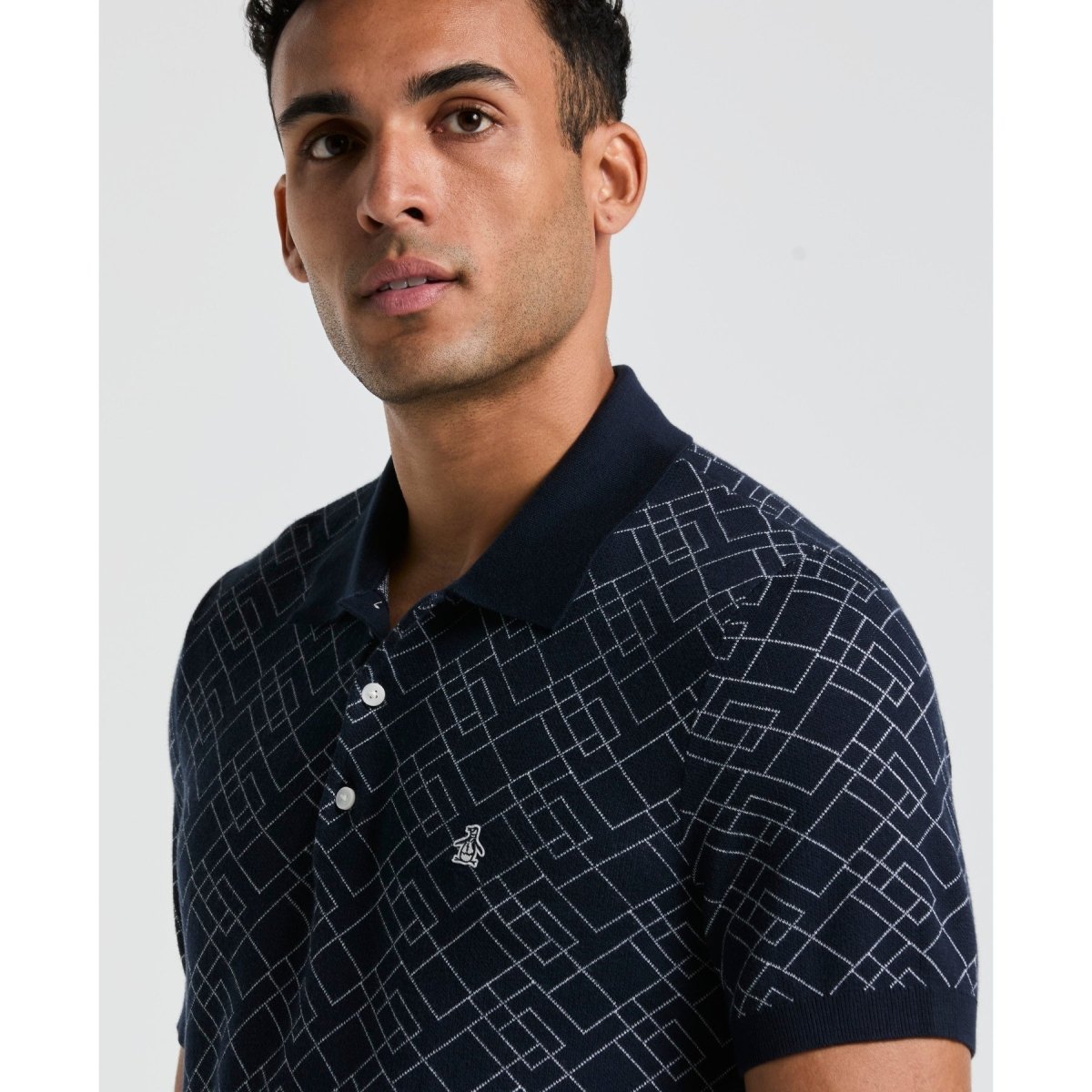 Jaquard Geometric Sweater Polo Shirt In Dark Sapphire - RUTHERFORD & Co
