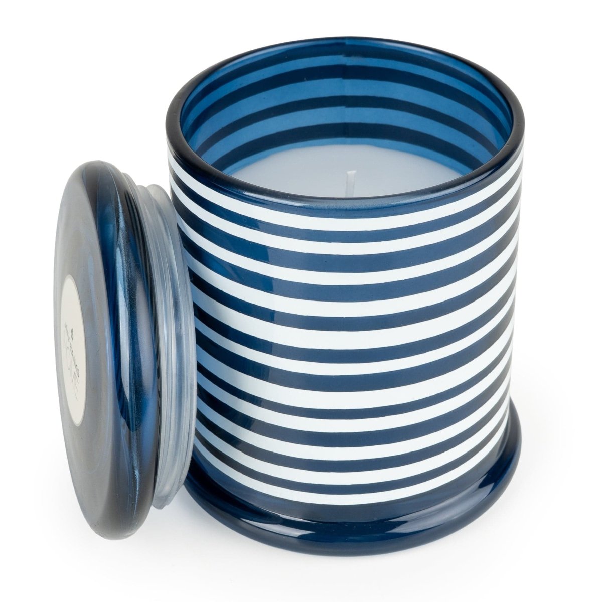 Jeff Banks Glass Candle with Lid 12cm - Stripes Blue - RUTHERFORD & Co