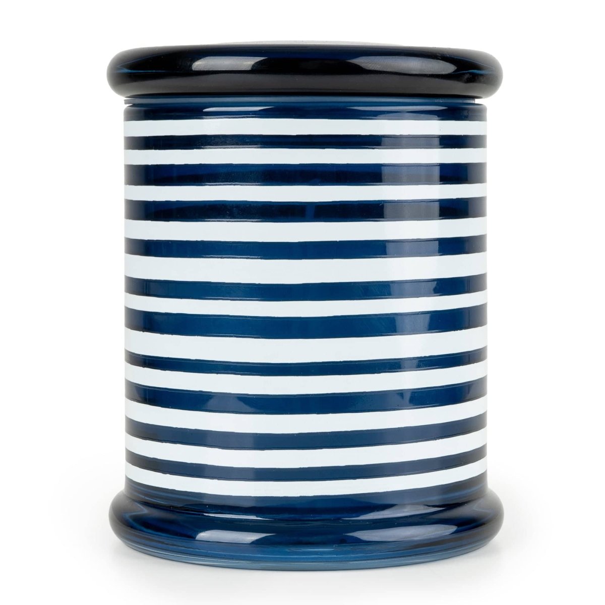 Jeff Banks Glass Candle with Lid 12cm - Stripes Blue - RUTHERFORD & Co