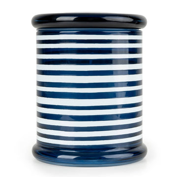 Jeff Banks Glass Candle with Lid 12cm - Stripes Blue - RUTHERFORD & Co