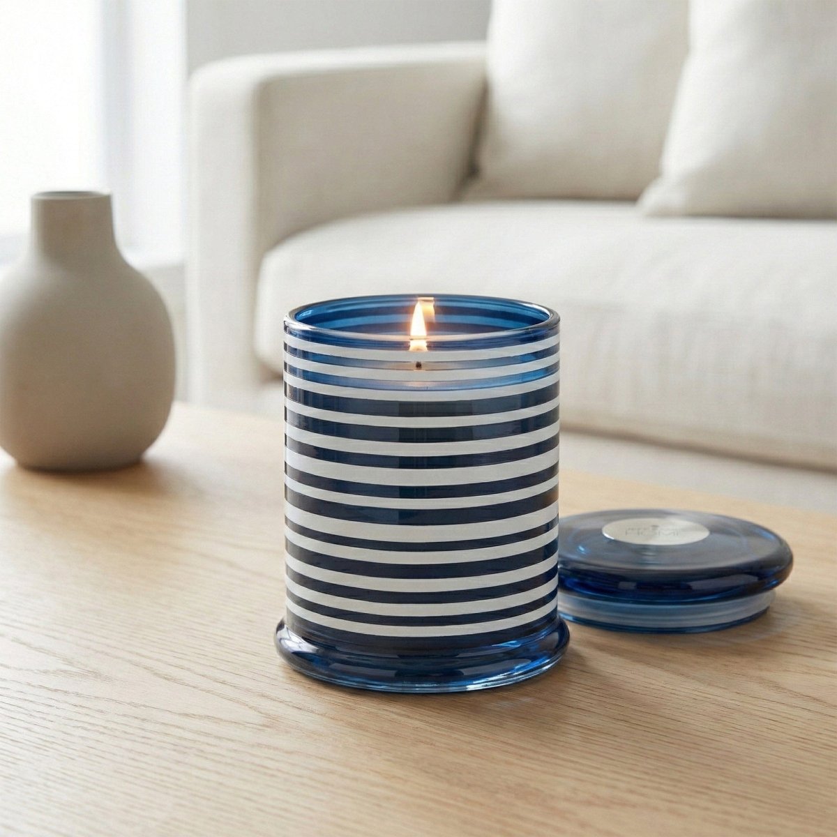 Jeff Banks Glass Candle with Lid 12cm - Stripes Blue - RUTHERFORD & Co