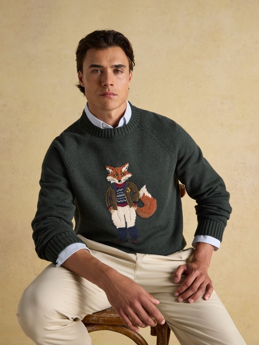 Jonty Green Intarsia Crew Knit Jumper - RUTHERFORD & Co