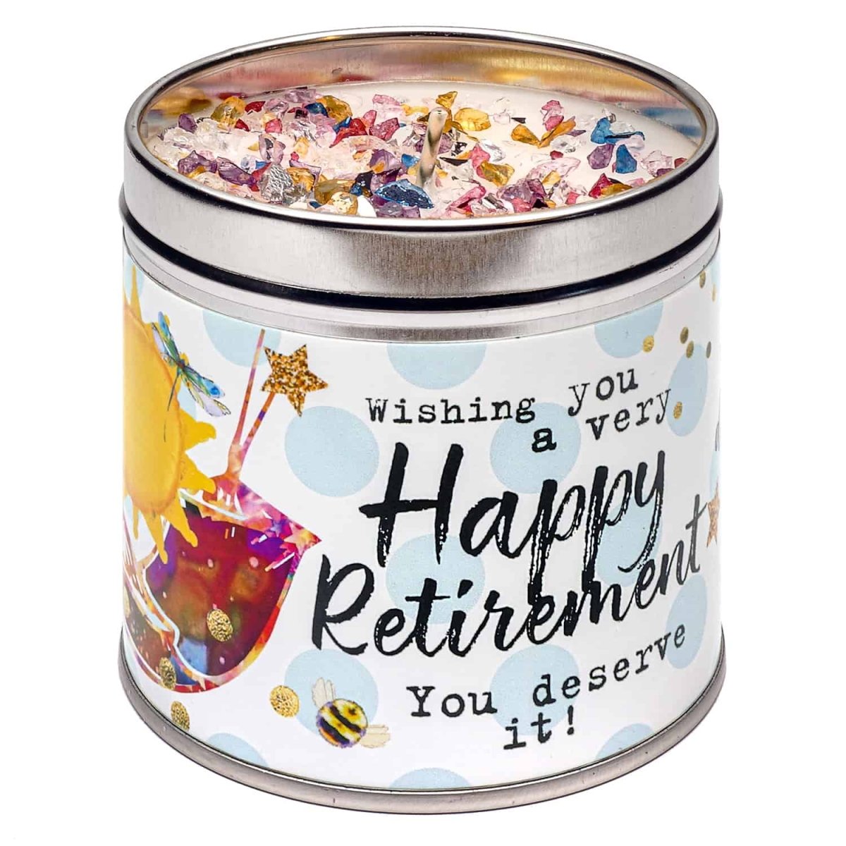 Just Because Scented Candle Tin Happy Retirement - RUTHERFORD & Co