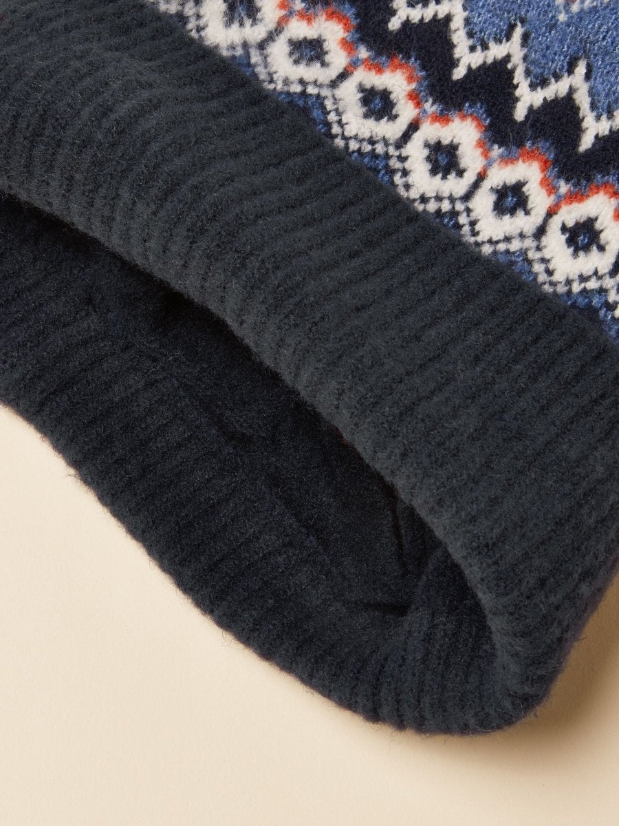 Kara Navy Fair Isle Bobble Beanie Hat - RUTHERFORD & Co