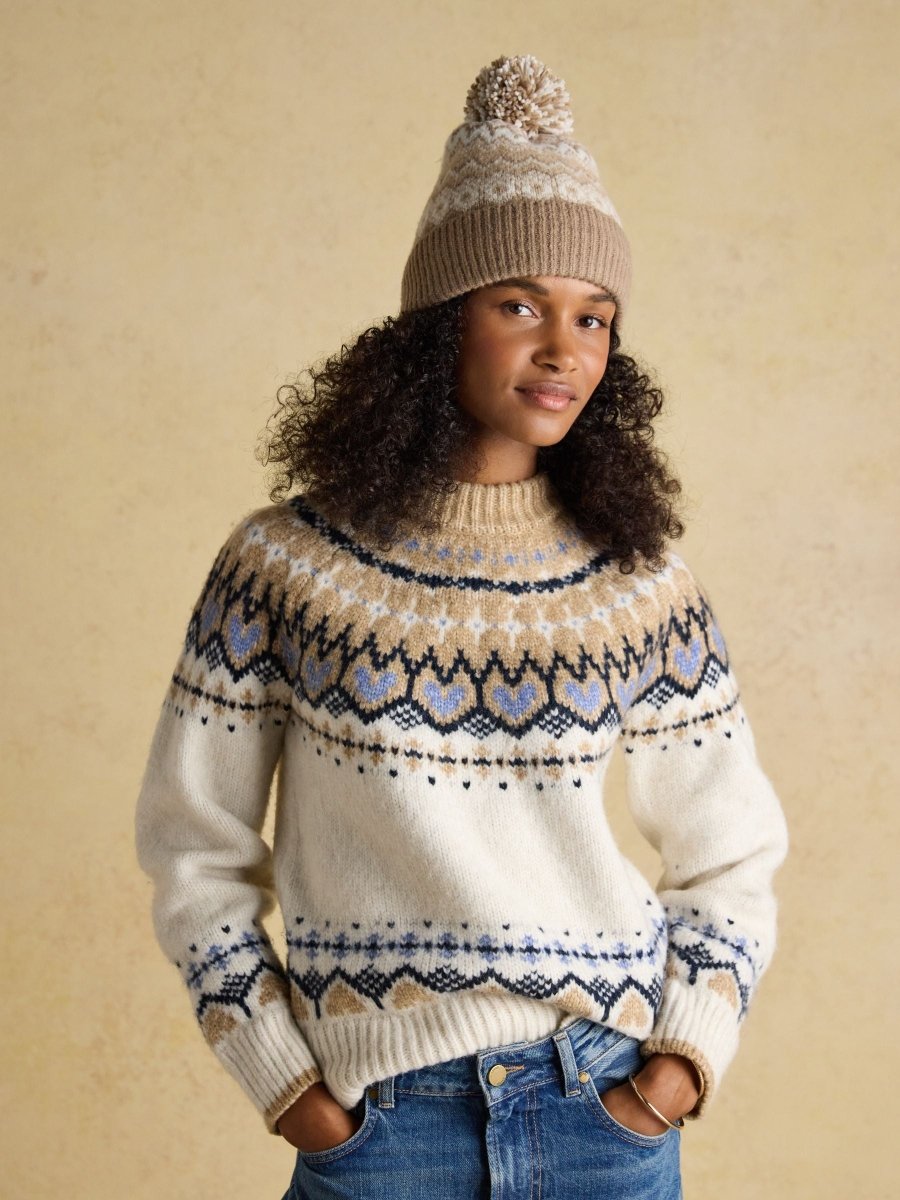 Kara Neutral Fairisle Bobble Beanie Hat - RUTHERFORD & Co
