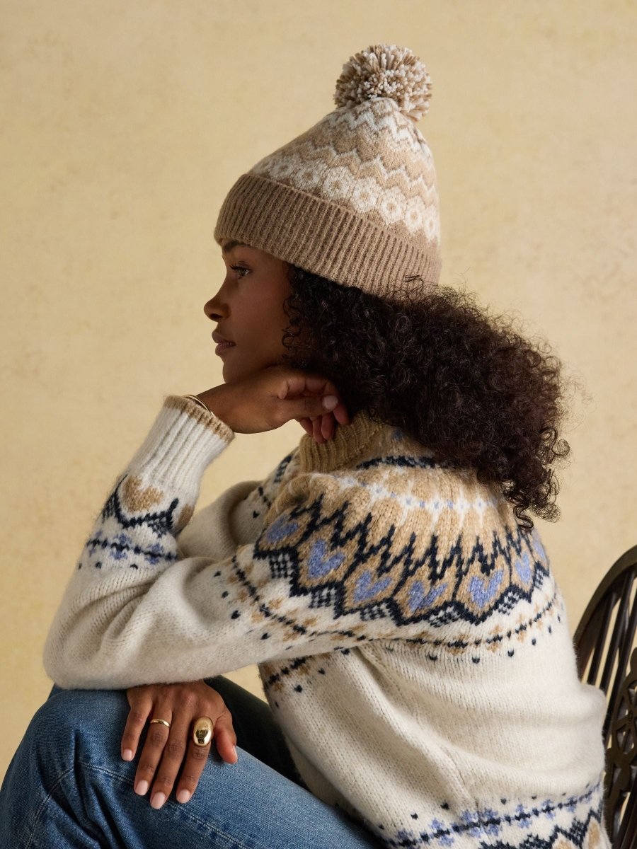 Kara Neutral Fairisle Bobble Beanie Hat - RUTHERFORD & Co