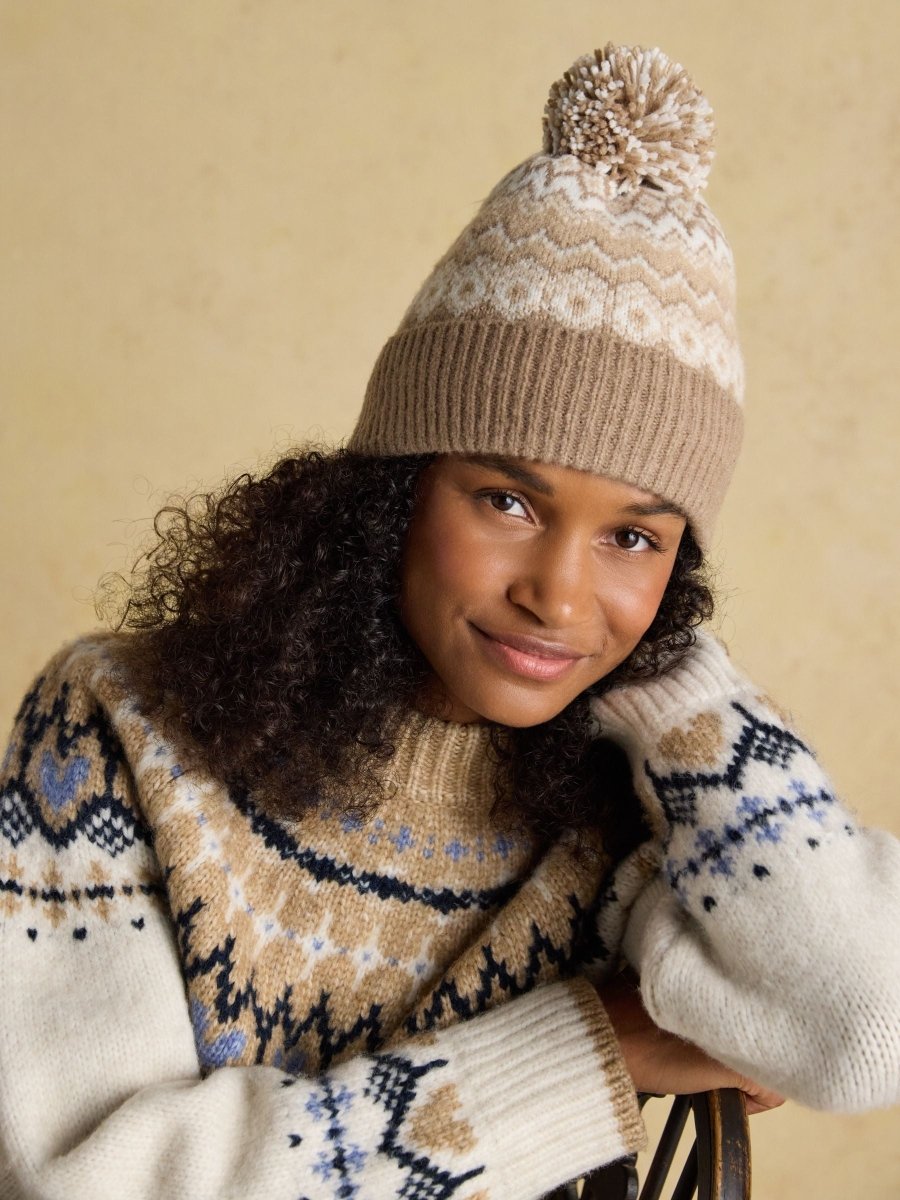 Kara Neutral Fairisle Bobble Beanie Hat - RUTHERFORD & Co