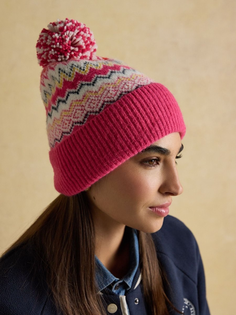 Kara Pink Fair Isle Bobble Beanie Hat - RUTHERFORD & Co