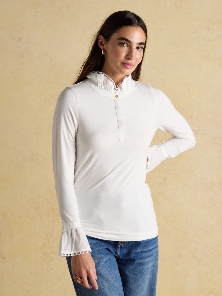 Kate White Long Sleeve Frilled Neck Top - RUTHERFORD & Co