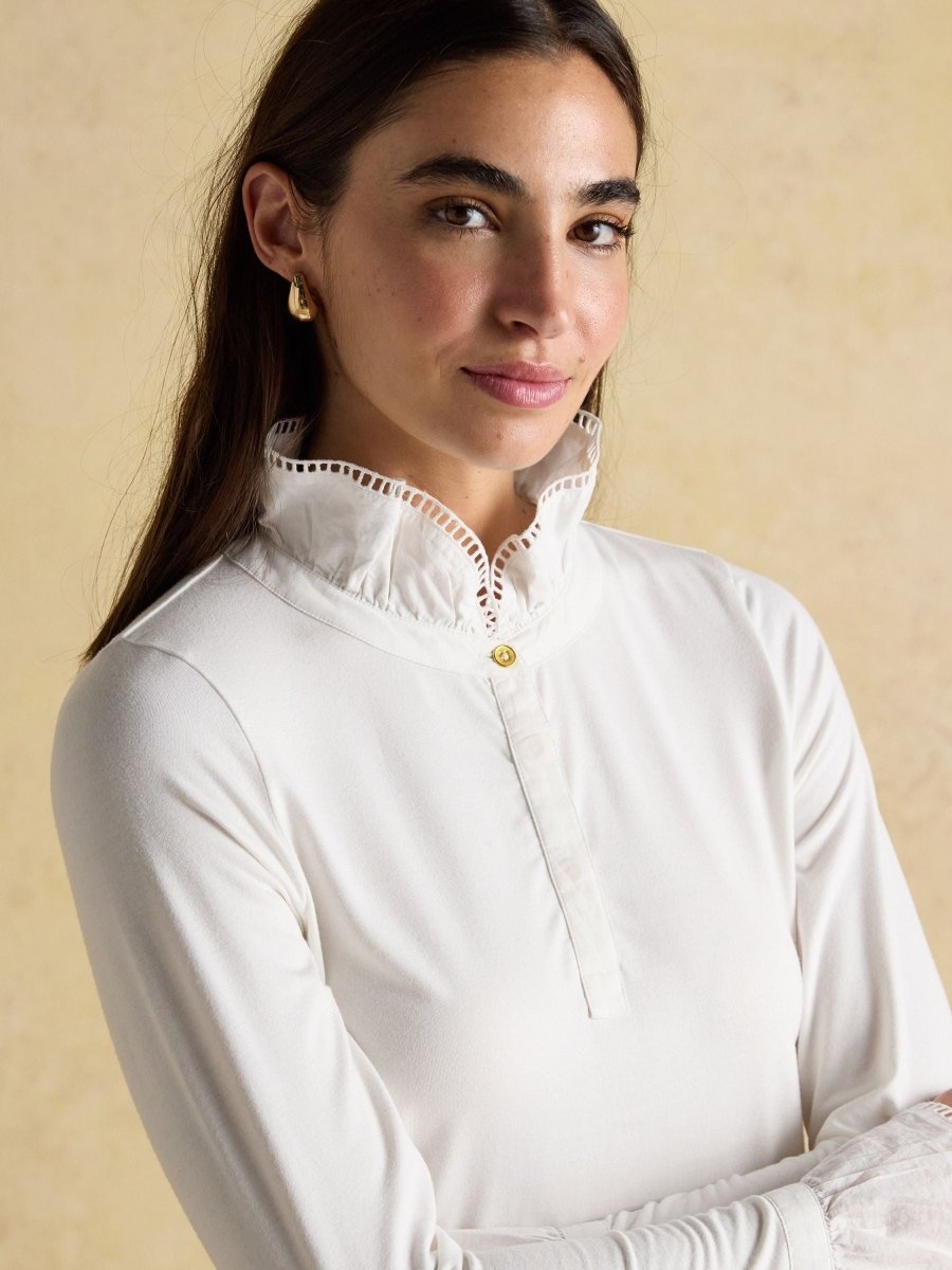 Kate White Long Sleeve Frilled Neck Top - RUTHERFORD & Co