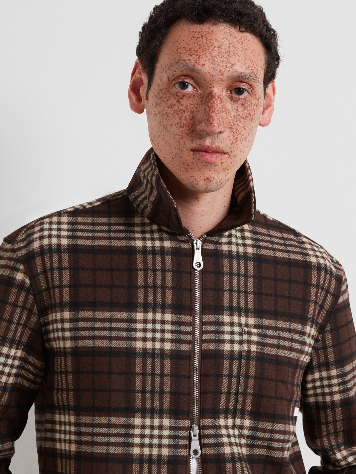 Asher Zipped Check Overshirt In Dark Brown