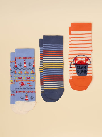 Kid's Eat Feet Blue Crab Socks 3 Pack - RUTHERFORD & Co