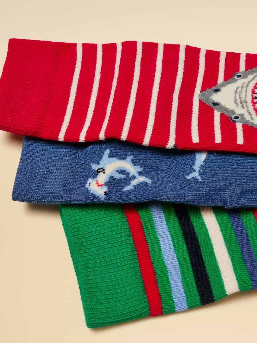 Kid's Eat Feet Red & Blue Shark Socks 3 Pack - RUTHERFORD & Co