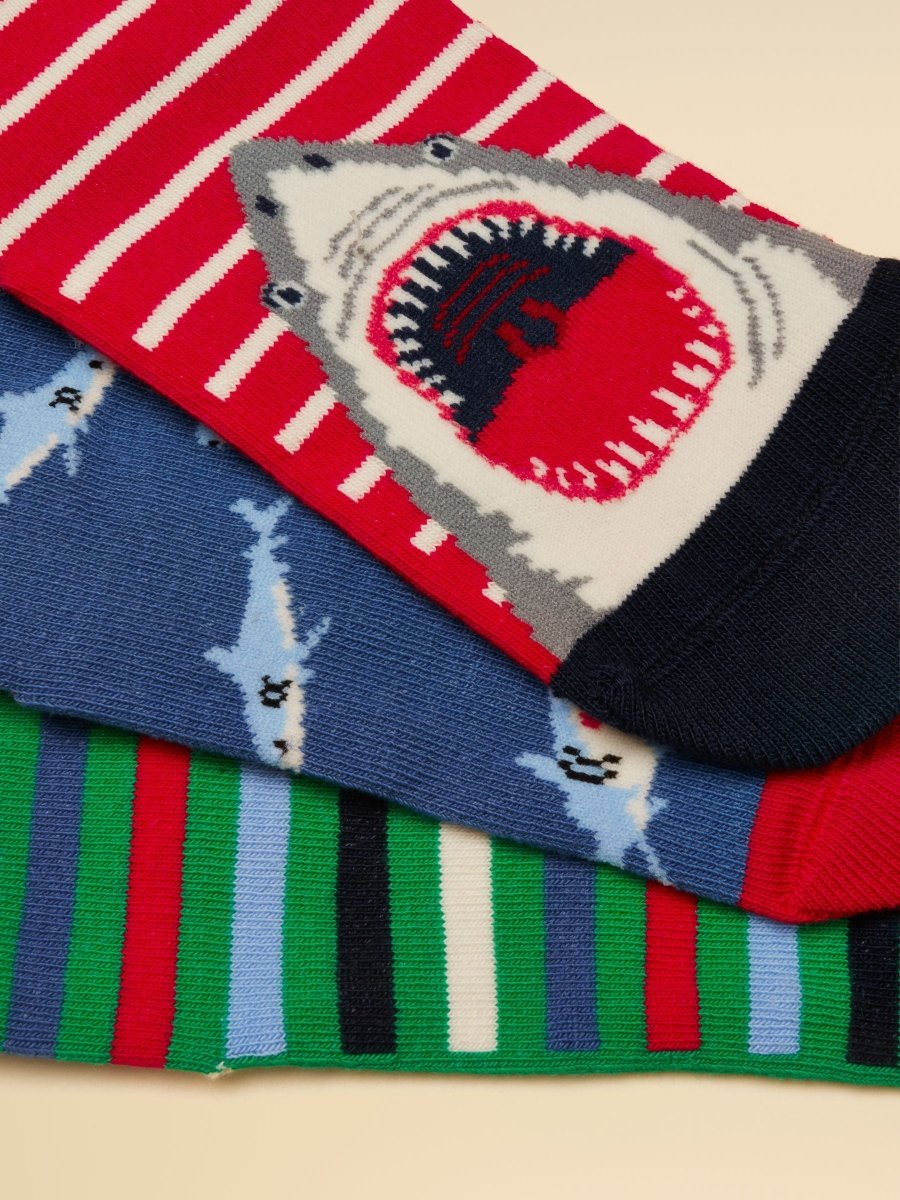 Kid's Eat Feet Red & Blue Shark Socks 3 Pack - RUTHERFORD & Co