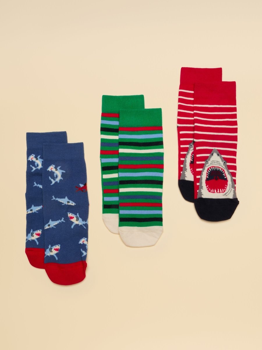 Kid's Eat Feet Red & Blue Shark Socks 3 Pack - RUTHERFORD & Co