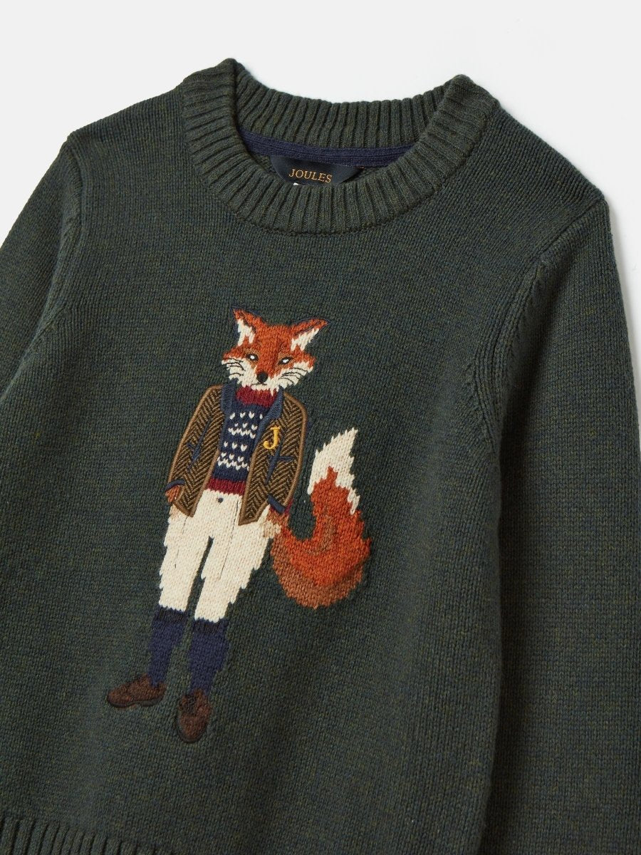 Kids' Jonty Green Intarsia Fox Artwork Jumper - RUTHERFORD & Co