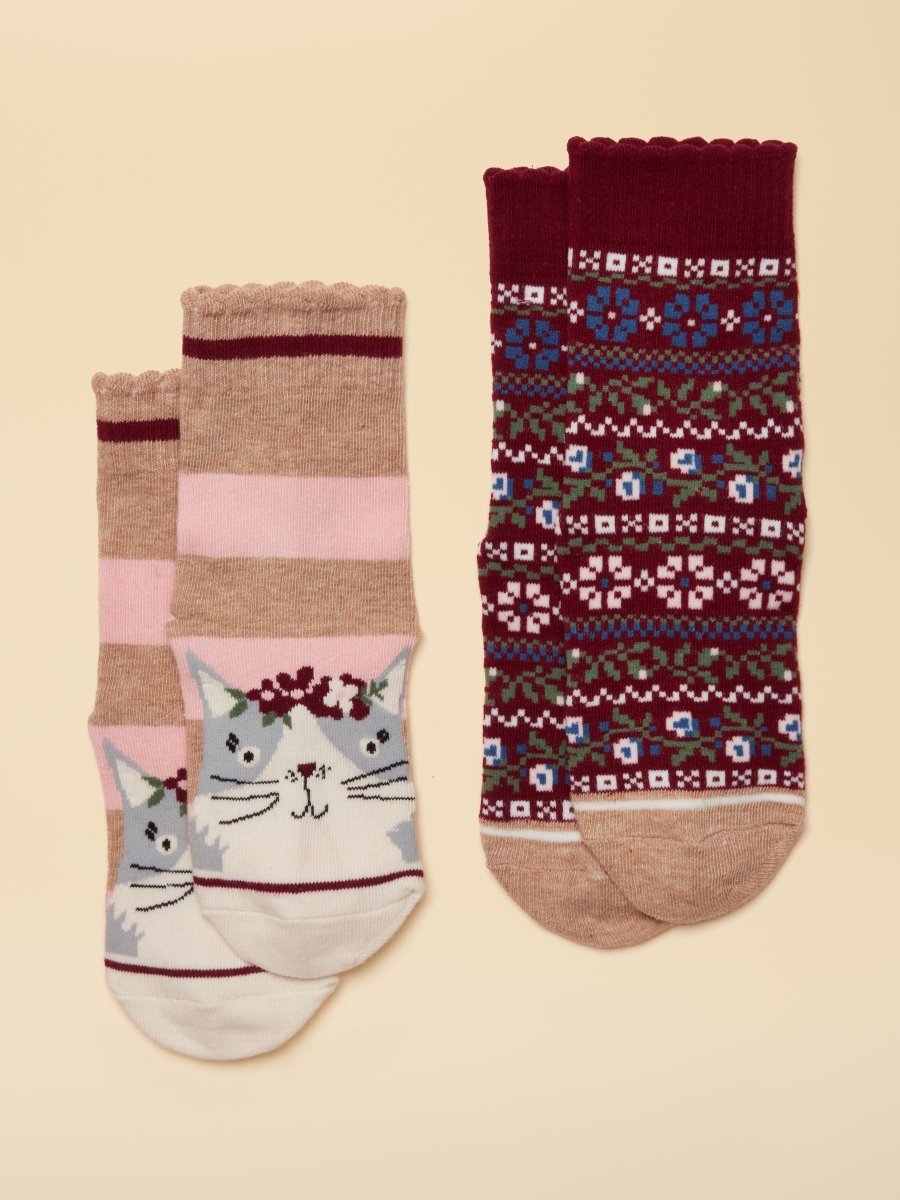 Kids' Neat Feet Pink & Berry Cat 2 Pack Socks - RUTHERFORD & Co