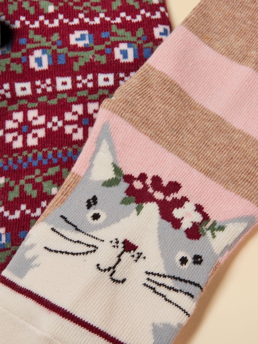 Kids' Neat Feet Pink & Berry Cat 2 Pack Socks - RUTHERFORD & Co