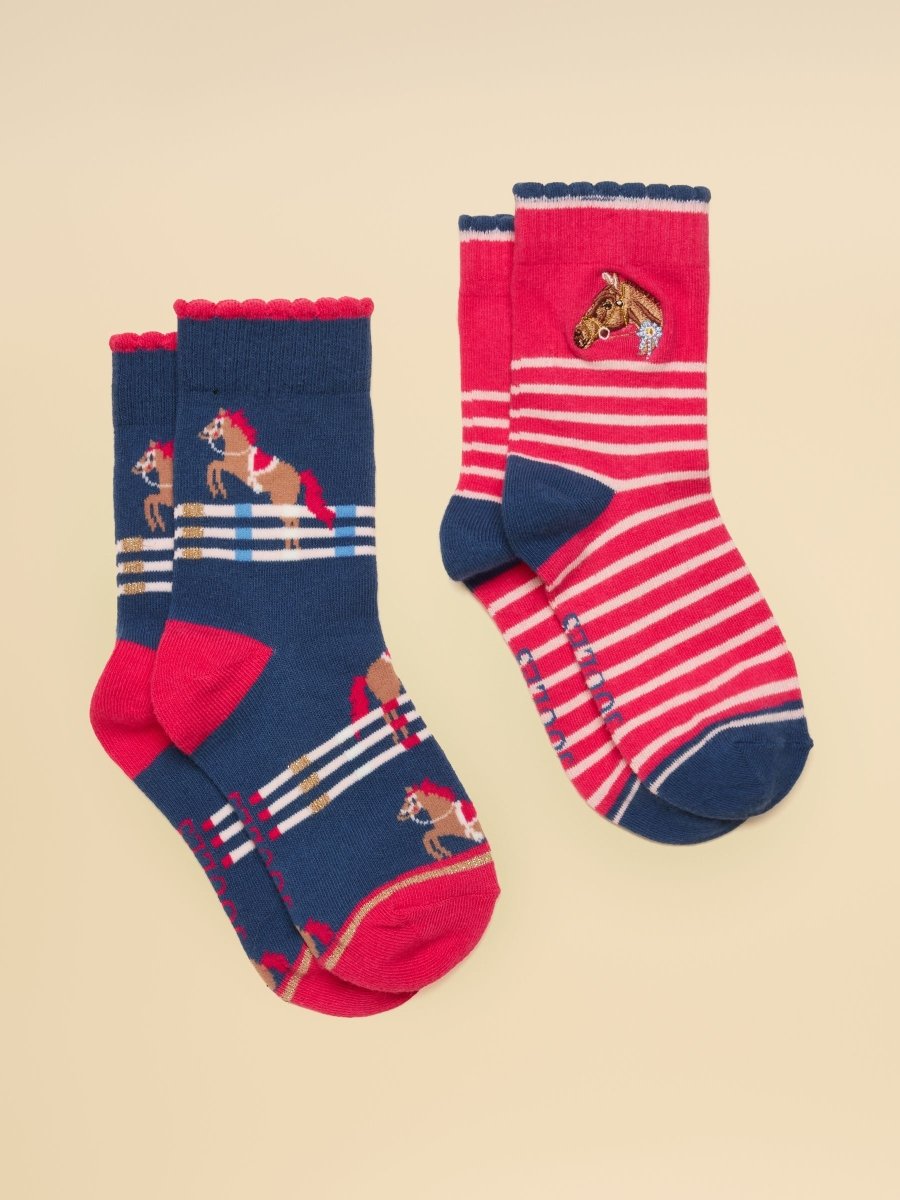Kids' Neat Feet Pink & Navy Horse 2 Pack Socks - RUTHERFORD & Co