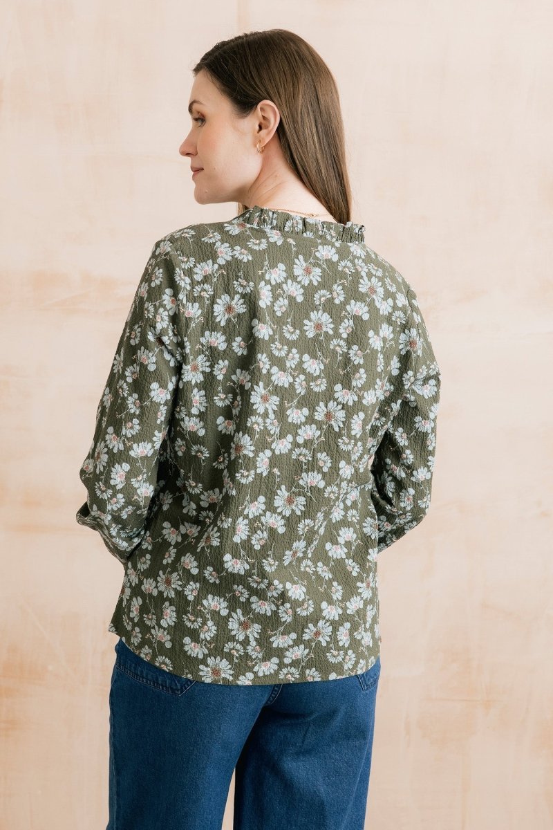 Kit Ruffle Textured Crepe Printed Blouse Olive - RUTHERFORD & Co