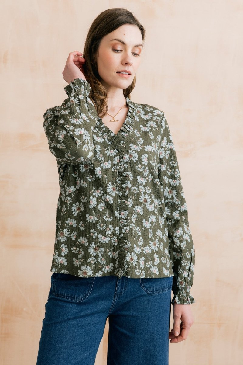 Kit Ruffle Textured Crepe Printed Blouse Olive - RUTHERFORD & Co