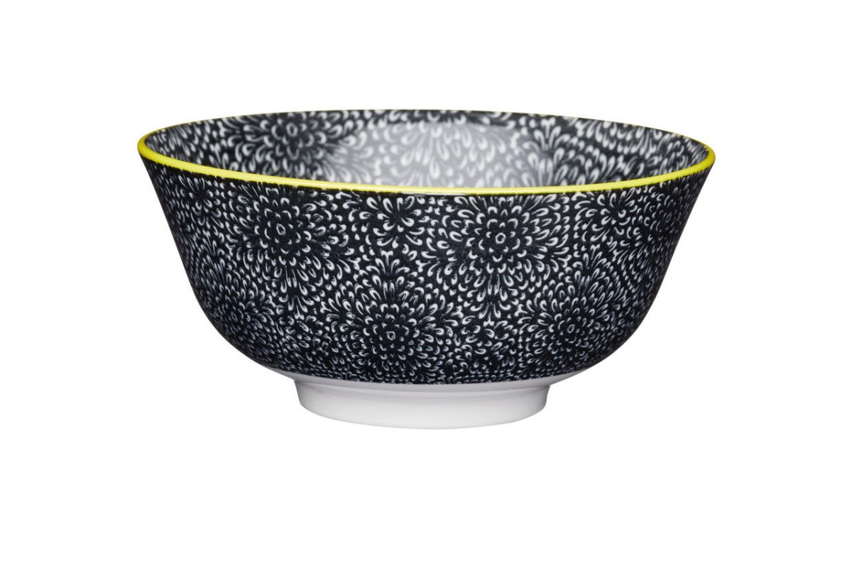 KitchenCraft Black and White Floral Ceramic Bowl, 16cm - RUTHERFORD & Co