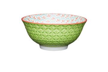 KitchenCraft Bright Green Geometric Print Ceramic Bowl, 16cm - RUTHERFORD & Co