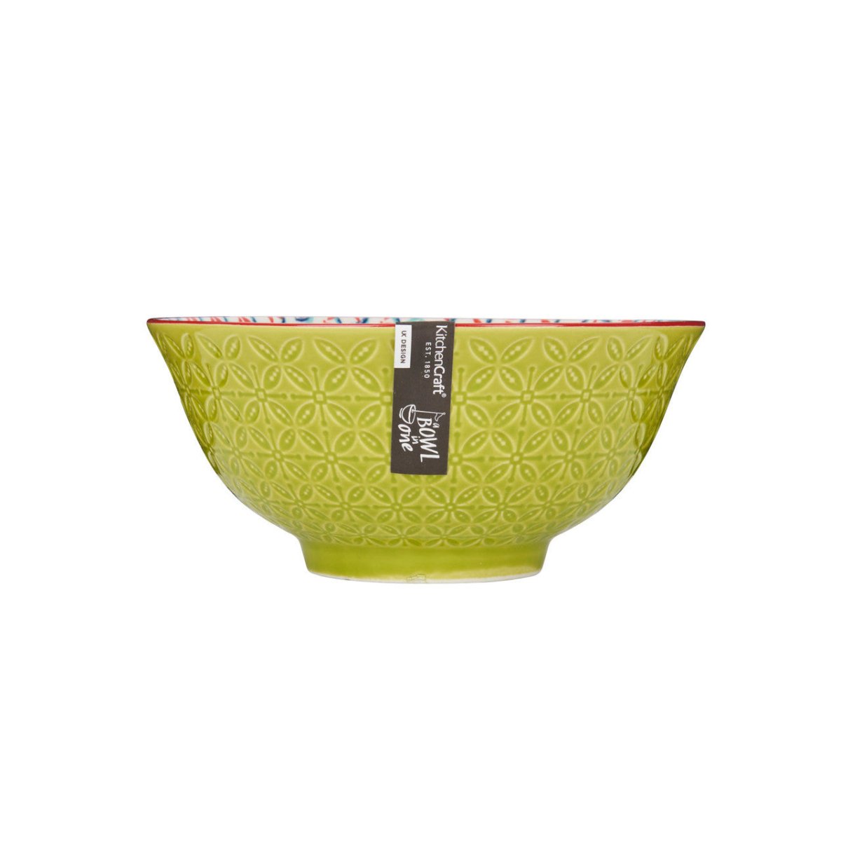KitchenCraft Bright Green Geometric Print Ceramic Bowl, 16cm - RUTHERFORD & Co