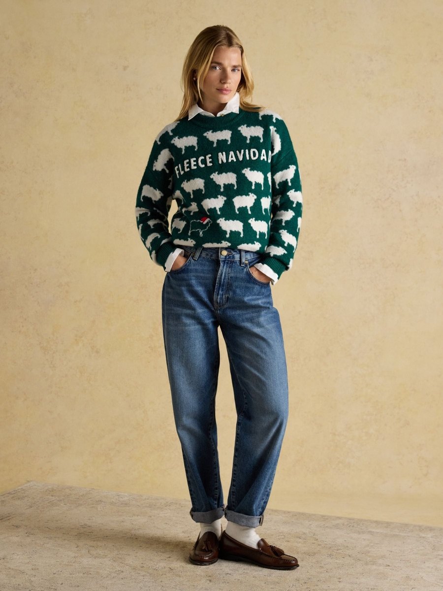 Knitted Green Fleece Navidad Christmas Jumper with Crew Neck - RUTHERFORD & Co