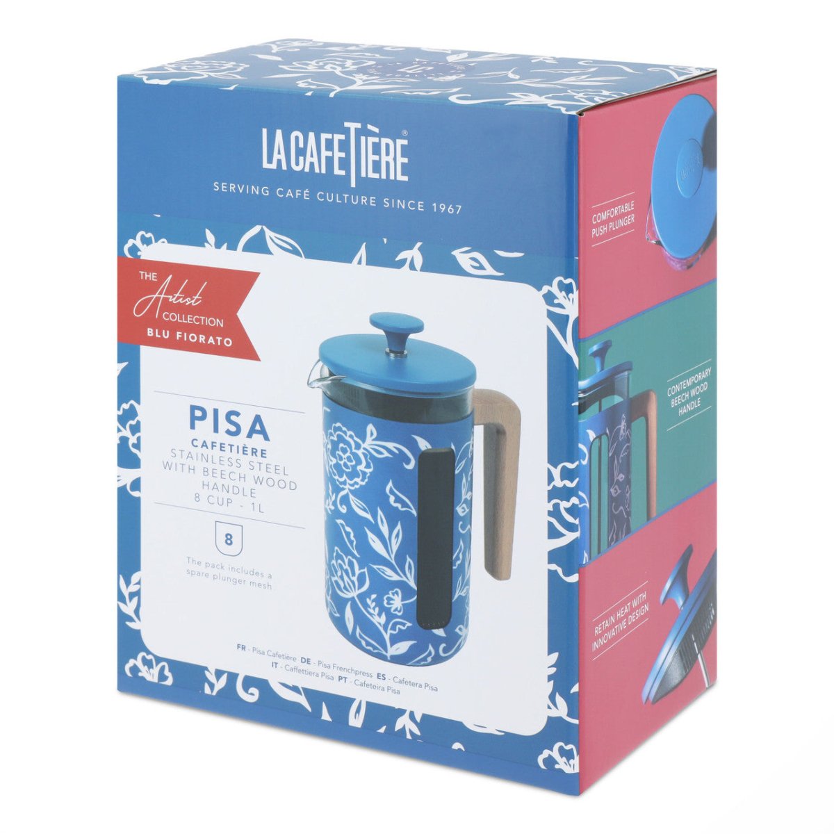 La Cafetière Pisa Stainless Steel Cafetiere Blue Floral - RUTHERFORD & Co