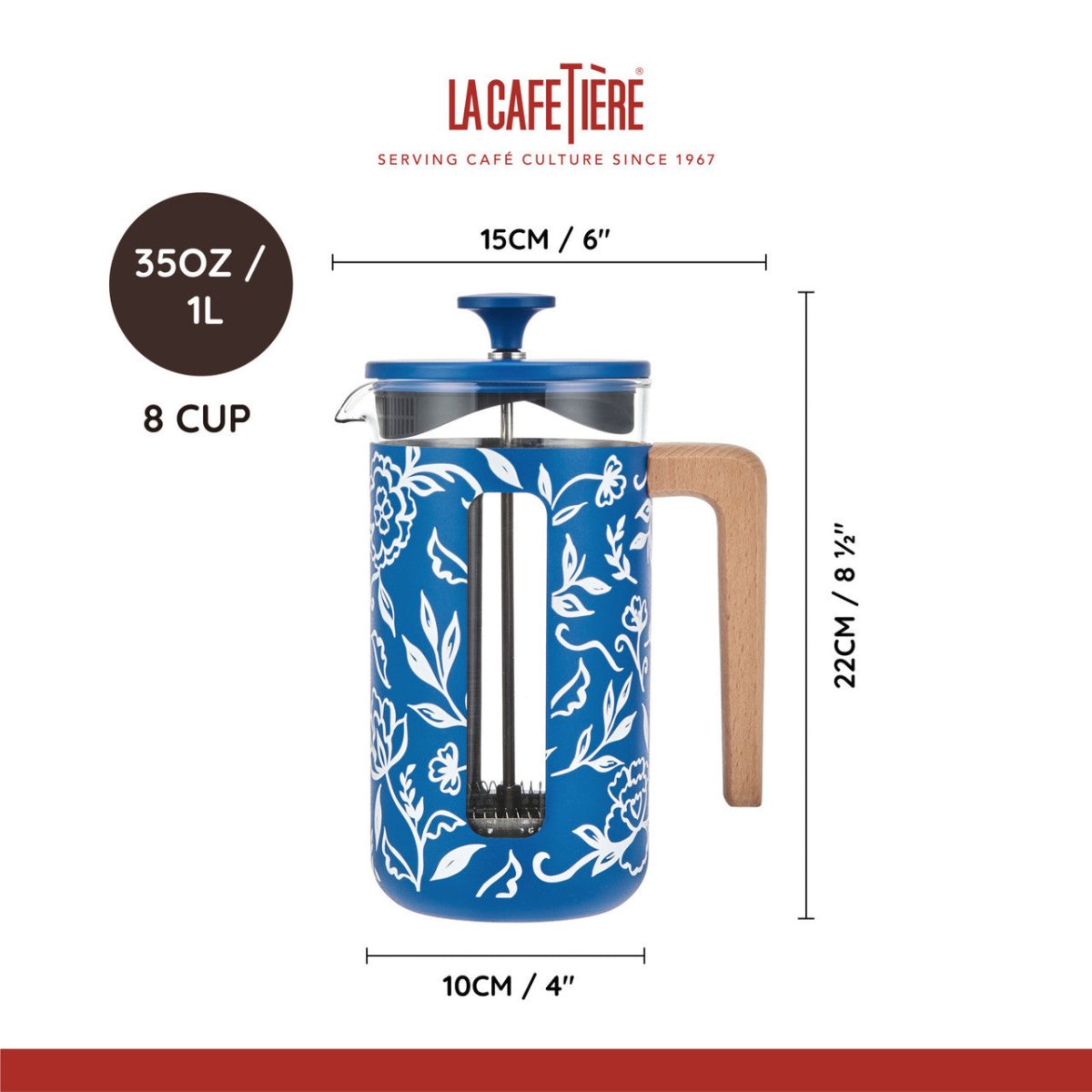 La Cafetière Pisa Stainless Steel Cafetiere Blue Floral - RUTHERFORD & Co