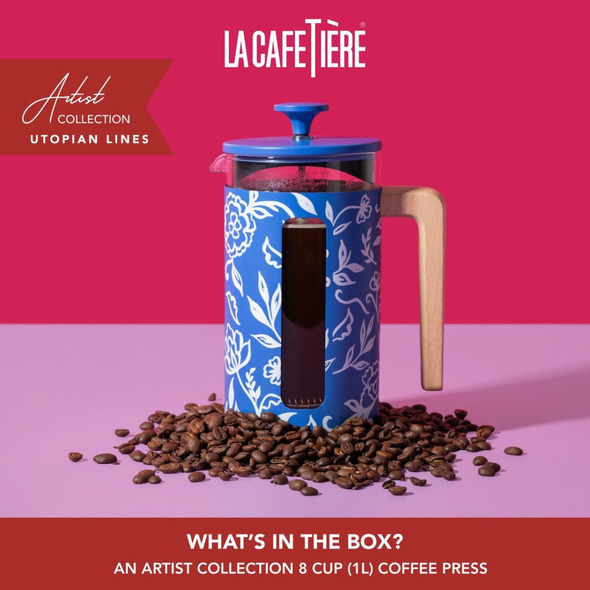 La Cafetière Pisa Stainless Steel Cafetiere Blue Floral - RUTHERFORD & Co