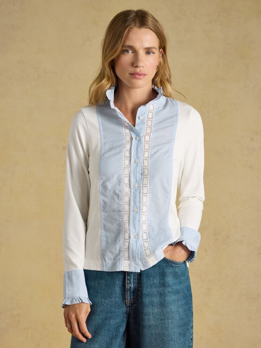 Lace Insert Jersey Shirt - Blue/White - RUTHERFORD & Co